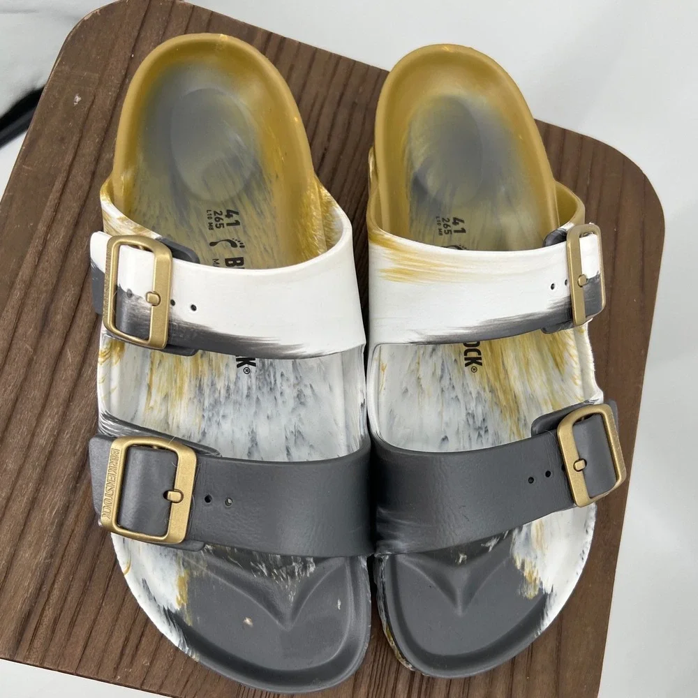 Birkenstock Arizona EVA Sandals Gold Black White Marble Slides 41 L10 M8 - Picture 2 of 6
